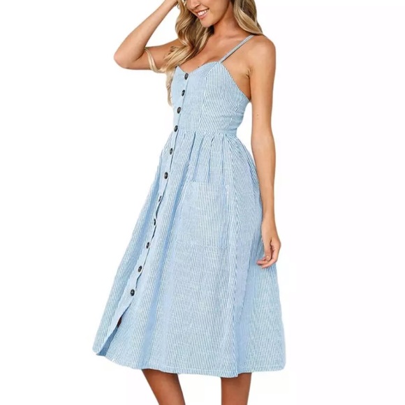 LAST ONE! Blue Striped Button Up Dress - Picture 4 of 6